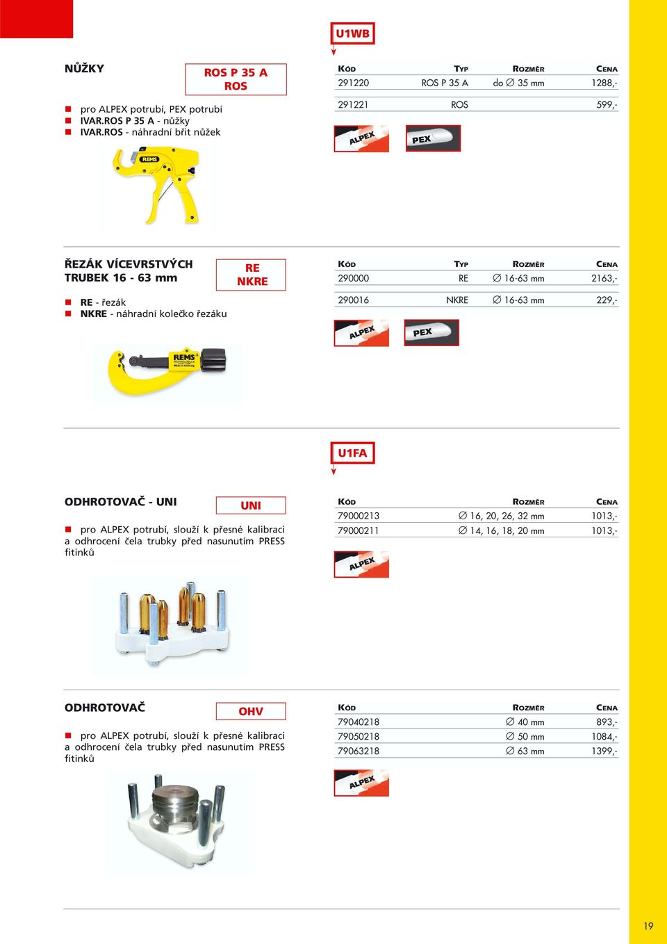 řezáku RE NKRE KÓD TYP ROZMĚR CENA 290000 RE 16-63 mm 2163,- 290016 NKRE 16-63 mm 229,- ALPEX PEX U1FA ODHROTOVAČ - UNI UNI pro ALPEX potrubí, slouží k přesné kalibraci a odhrocení čela trubky