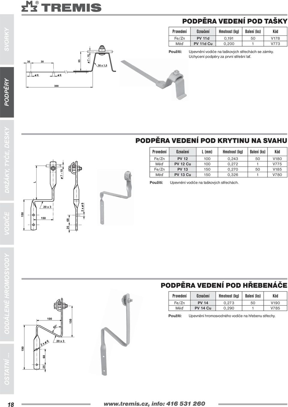 PODPĚRA VEDENÍ POD KRYTINU NA SVAHU PV 12 100 0,243 50 V180 Měď PV 12 Cu 100 0,272 1 V775 PV 13 150 0,270 50 V185 Měď