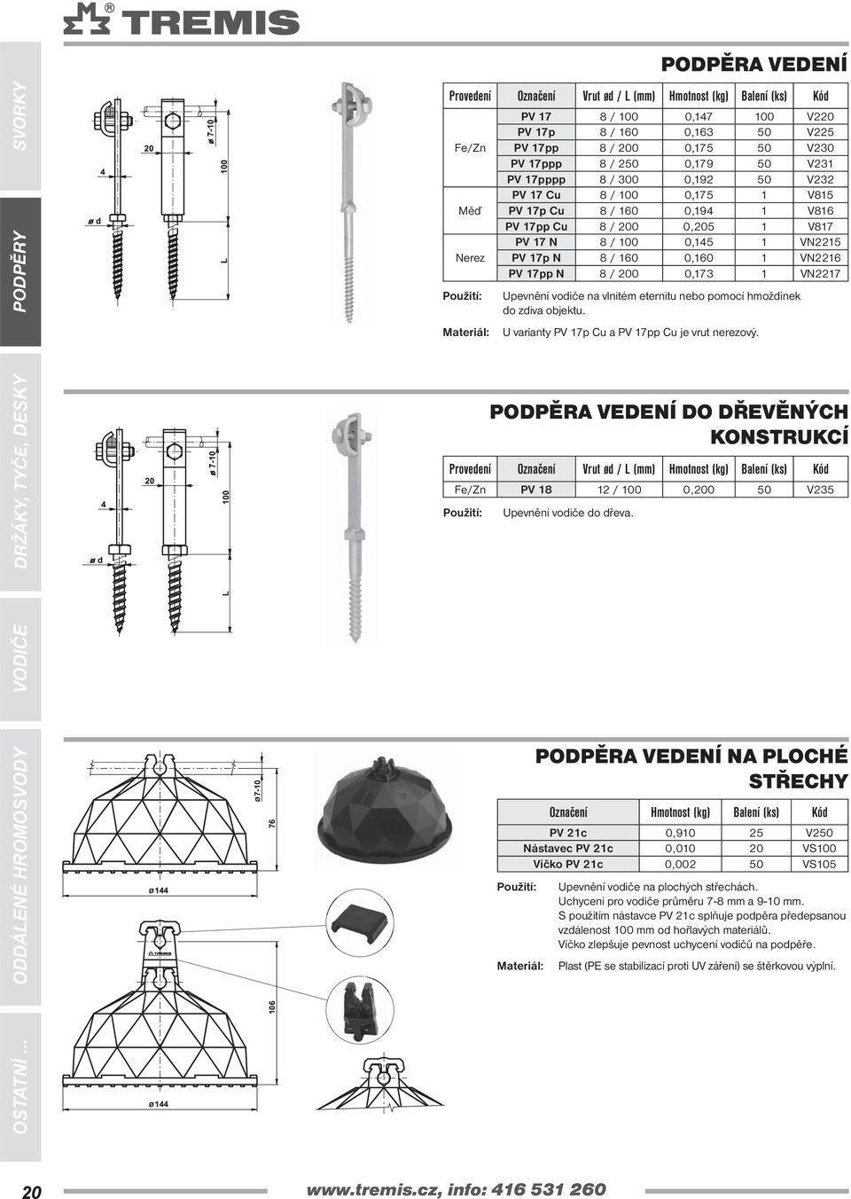 VN2216 PV 17pp N 8 / 200 0,173 1 VN2217 Upevnění vodiče na vlnitém eternitu nebo pomocí hmoždinek do zdiva objektu. U varianty PV 17p Cu a PV 17pp Cu je vrut nerezový.