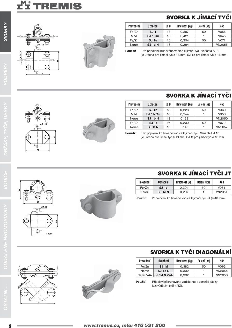 SVORKA K JÍMACÍ TYČI D Provedení Označení Ø D Hmotnost (kg) Balení (ks) Kód SJ 1b 18 0,228 50 V060 Měď SJ 1b Cu 18 0,244 1 V650 Nerez SJ 1b N 18 0,168 1 VN2050 SJ 1f 16 0,209 50 V072 Nerez SJ 1f N 16