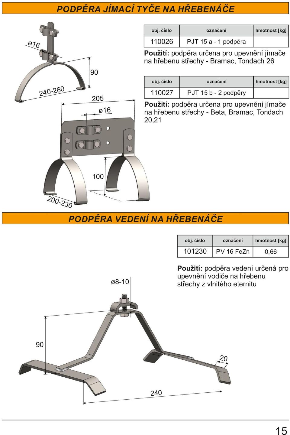 určena pro upevnění jímače na hřebenu střechy - Beta, Bramac, Tondach 20,21 ø16 100 200-230 PODPĚRA VEDENÍ NA HŘEBENÁČE