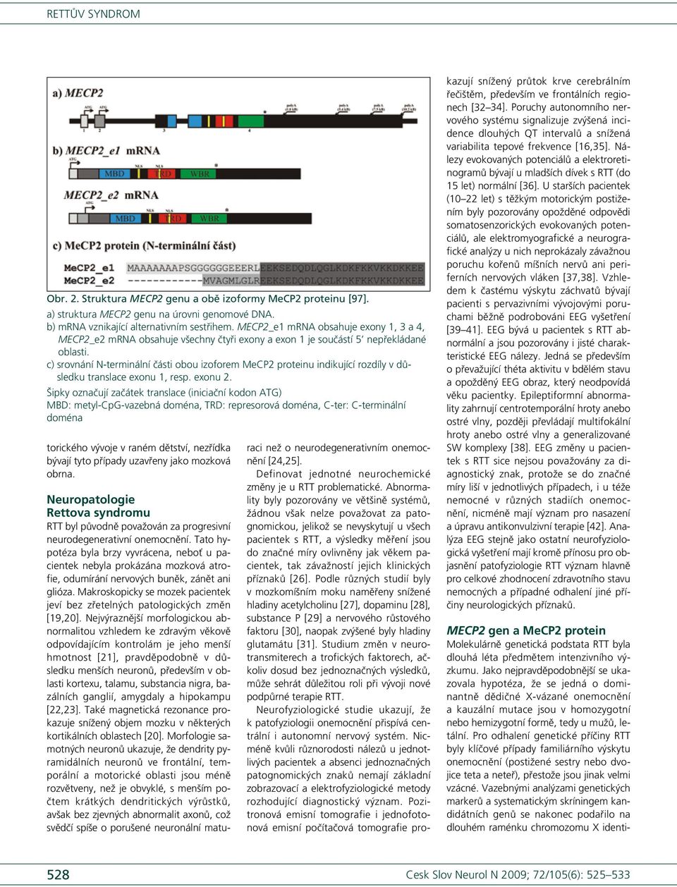 c) srovnání N terminální části obou izoforem MeCP2 proteinu indikující rozdíly v důsledku translace exonu 1, resp. exonu 2.