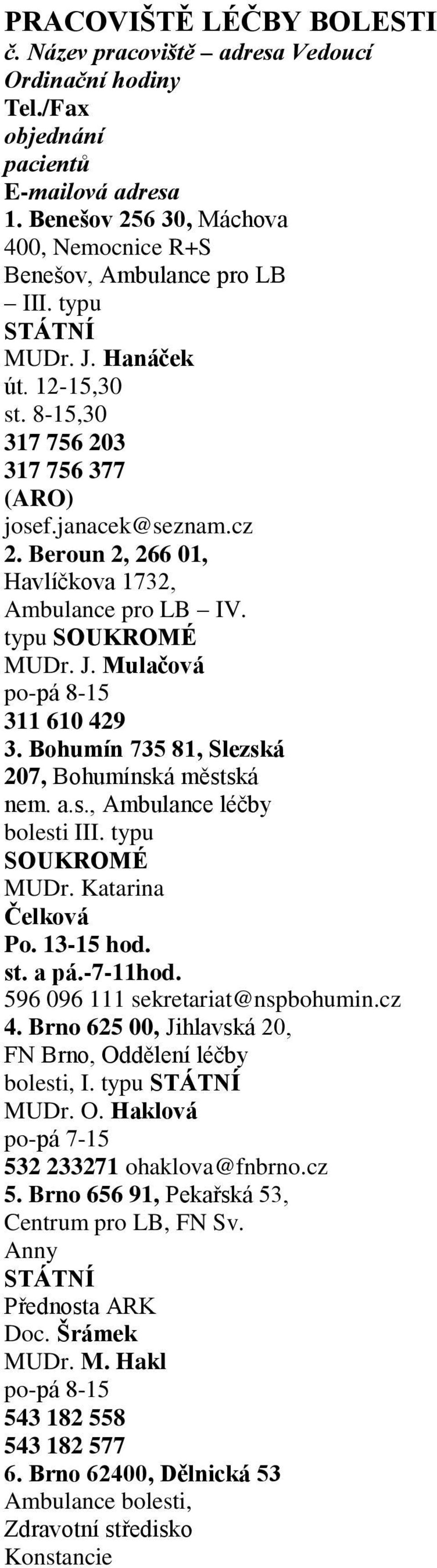 Bohumín 735 81, Slezská 207, Bohumínská městská nem. a.s., Ambulance léčby bolesti III. typu MUDr. Katarina Čelková Po. 13-15 hod. st. a pá.-7-11hod. 596 096 111 sekretariat@nspbohumin.cz 4.