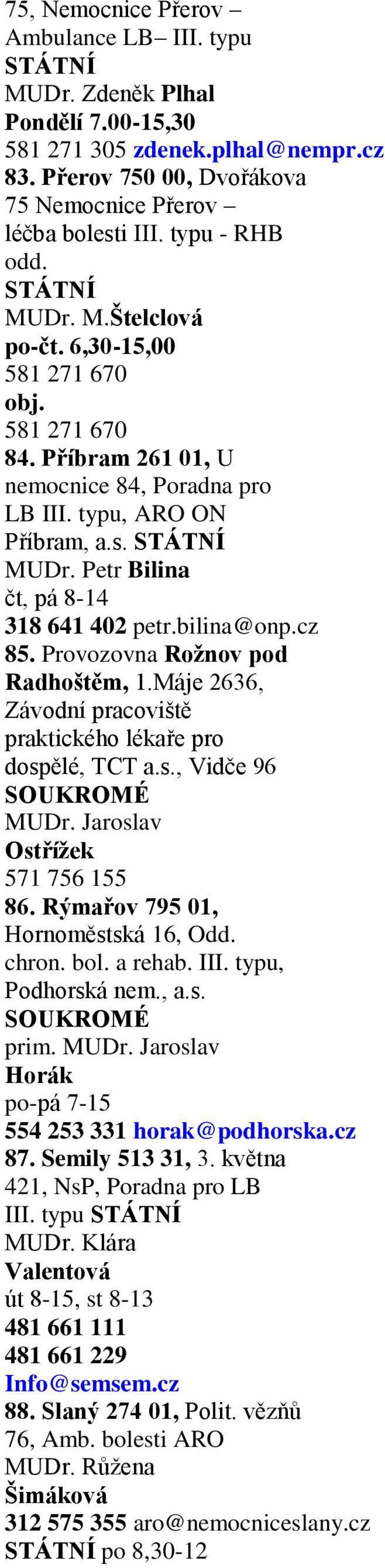 bilina@onp.cz 85. Provozovna Rožnov pod Radhoštěm, 1.Máje 2636, Závodní pracoviště praktického lékaře pro dospělé, TCT a.s., Vidče 96 MUDr. Jaroslav Ostřížek 571 756 155 86.