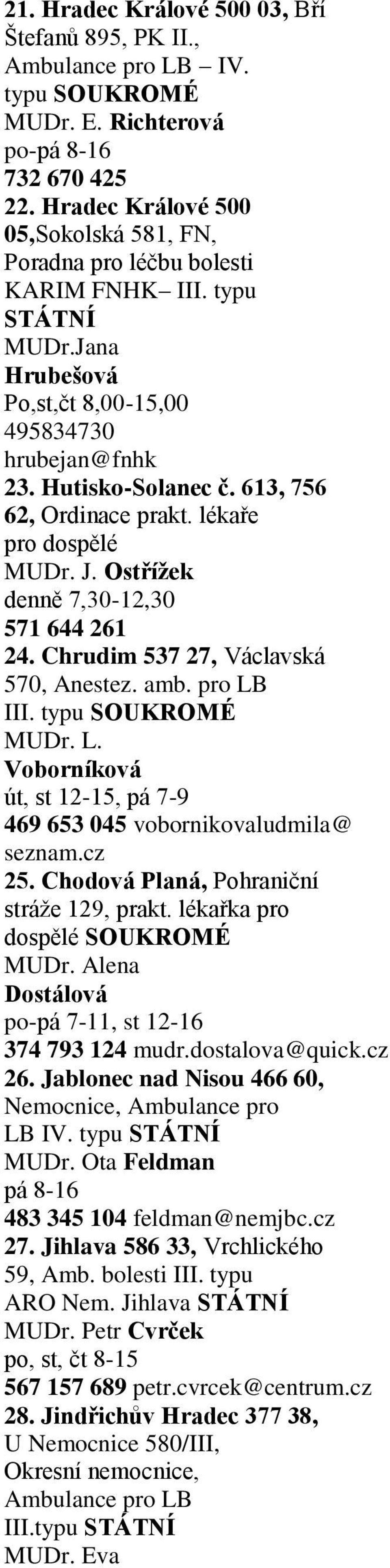 613, 756 62, Ordinace prakt. lékaře pro dospělé MUDr. J. Ostřížek denně 7,30-12,30 571 644 261 24. Chrudim 537 27, Václavská 570, Anestez. amb. pro LB