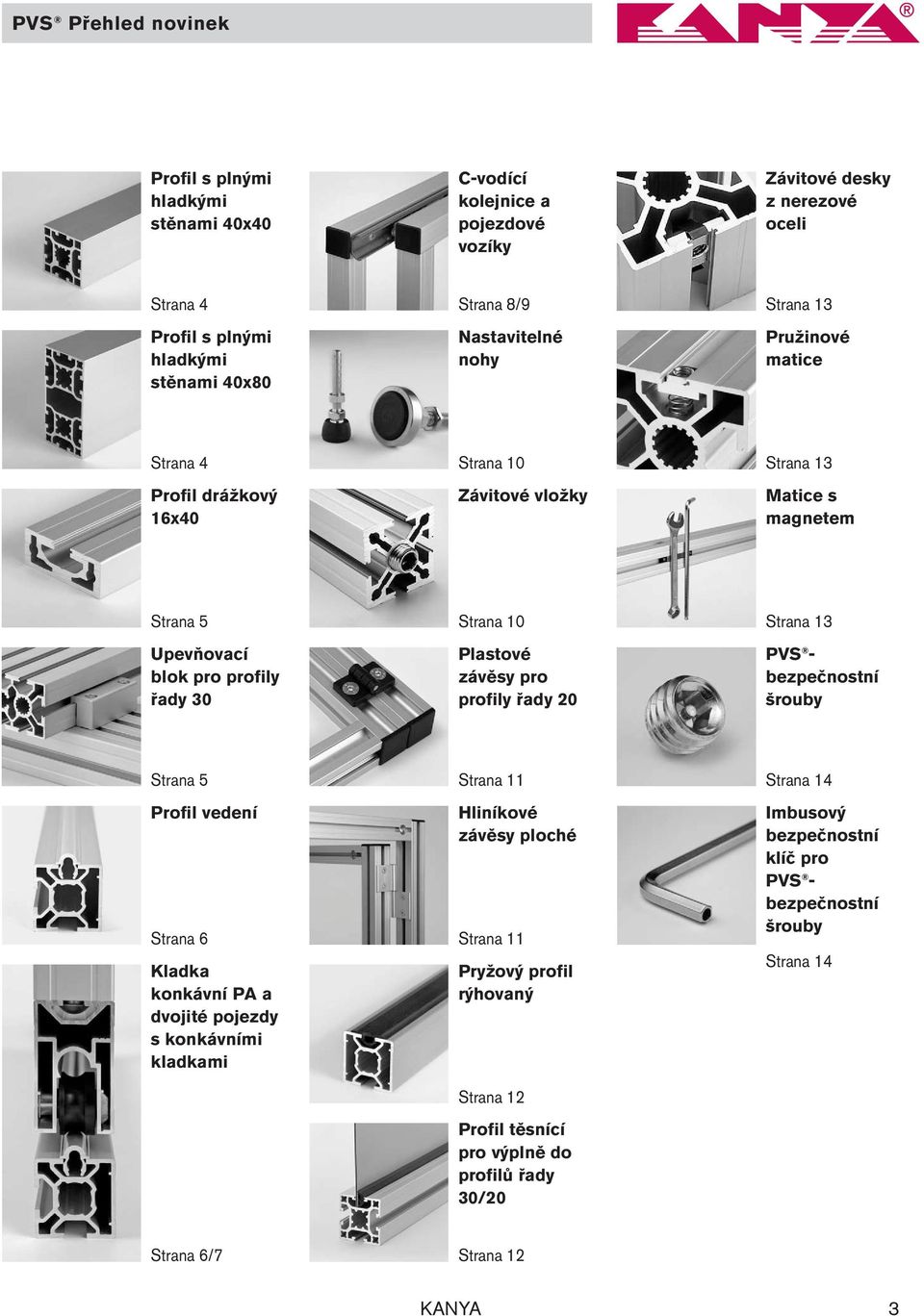 Plastové závěsy pro profily řady 20 Strana 13 PVS - bezpečnostní šrouby Strana 5 Profil vedení Strana 6 Kladka konkávní PA a dvojité pojezdy s konkávními kladkami Strana 11 Hliníkové závěsy