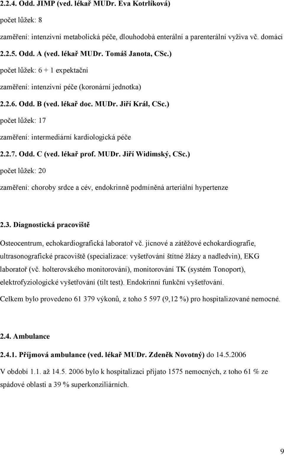 lékař prof. MUDr. Jiří Widimský, CSc.) počet lůţek: 20 zaměření: choroby srdce a cév, endokrinně podmíněná arteriální hypertenze 2.3.