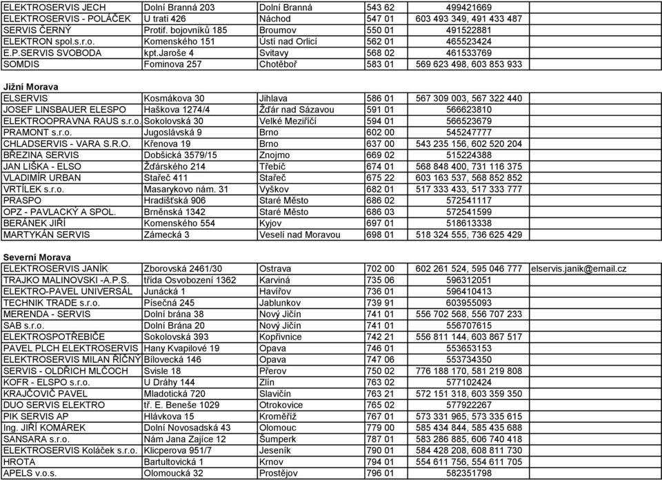 jaroše 4 Svitavy 568 02 461533769 SOMDIS Fominova 257 Chotěboř 583 01 569 623 498, 603 853 933 Jižní Morava ELSERVIS Kosmákova 30 Jihlava 586 01 567 309 003, 567 322 440 JOSEF LINSBAUER ELESPO