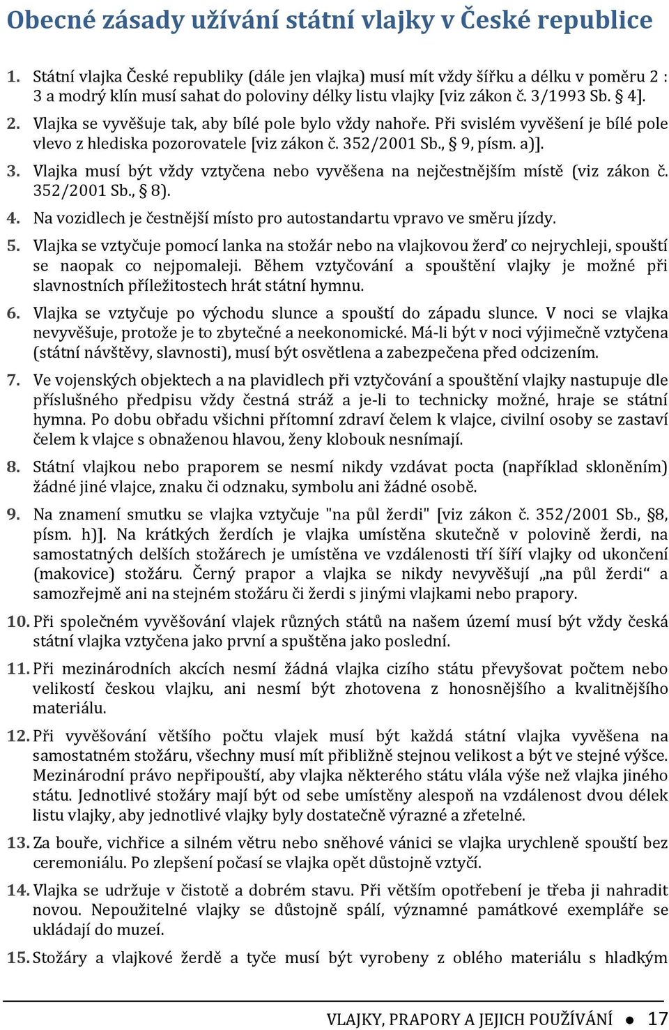 Při svislém vyvěšení je bílé pole vlevo z hlediska pozorovatele [viz zákon č. 352/2001 Sb., 9, písm. a)]. 3. Vlajka musí být vždy vztyčena nebo vyvěšena na nejčestnějším místě (viz zákon č.