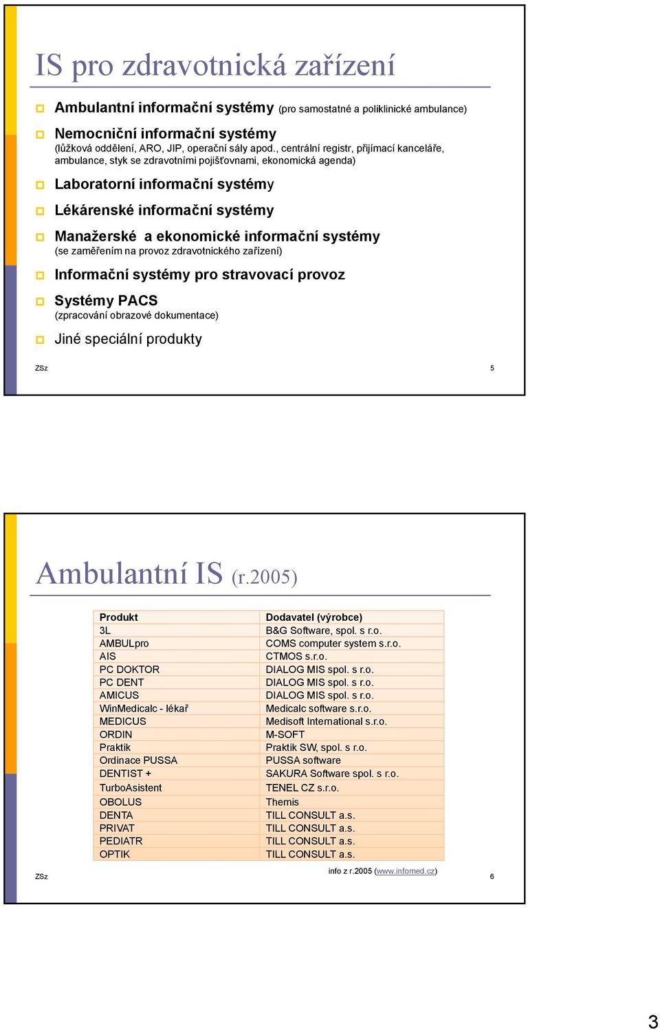 informační systémy (se zaměřením na provoz zdravotnického zařízení) Informační systémy pro stravovací provoz Systémy PACS (zpracování obrazové dokumentace) Jiné speciální produkty ZSz 5 Ambulantní IS