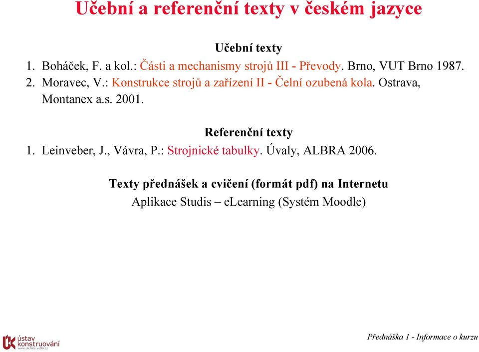 : Konstrukce strojů a zařízení II - Čelní ozubená kola. Ostrava, Montanex a.s. 001. Referenční texty 1.