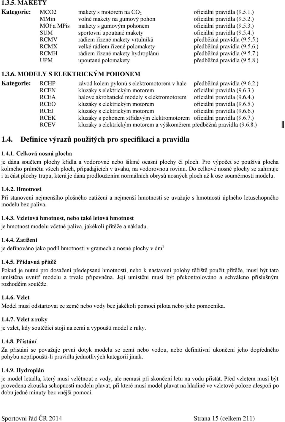 ) RCMH rádiem řízené makety hydroplánů předběžná pravidla (9.5.7.) UPM upoutané polomakety předběžná pravidla (9.5.8.) 1.3.6.