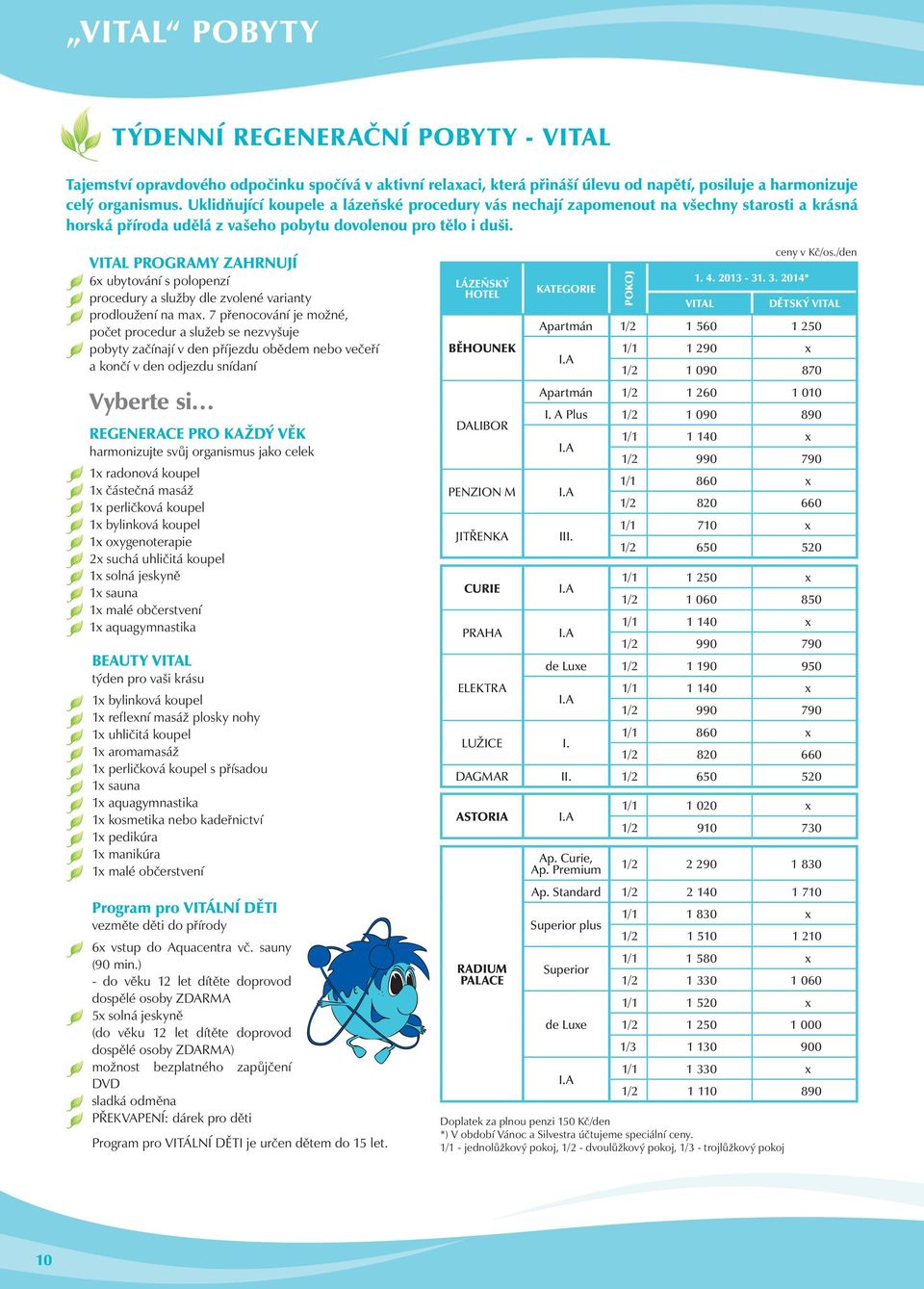 VITAL PROGRAMY ZAHRNUJÍ 6x ubytování s polopenzí procedury a služby dle zvolené varianty prodloužení na max.