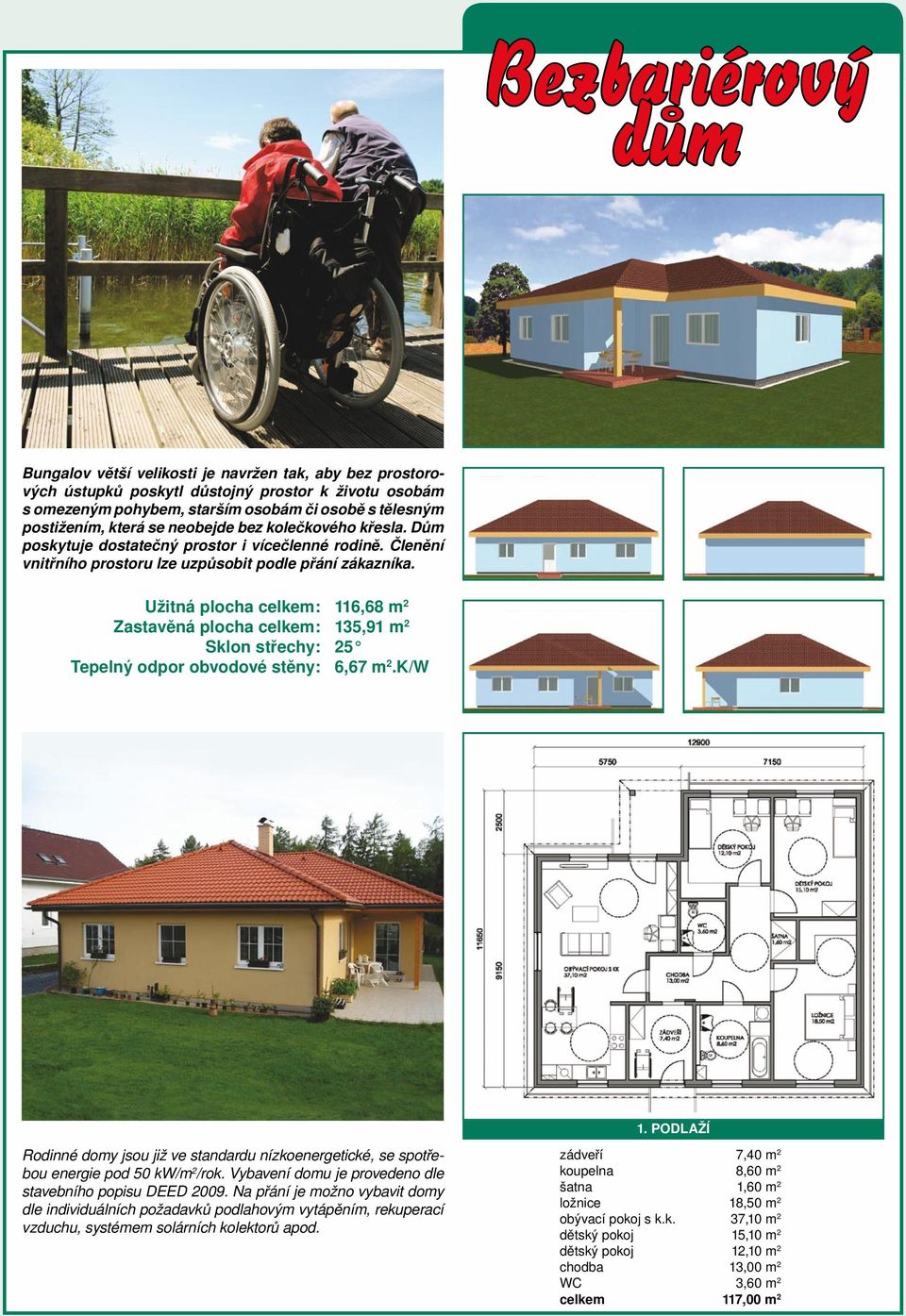 Užitná plocha celkem: 116,68 m 2 Zastavěná plocha celkem: 135,91 m 2 Sklon střechy: 25 1. PODLAŽÍ Rodinné domy jsou již ve standardu nízkoenergetické, se spotřebou energie pod 50 kw/m 2 /rok.