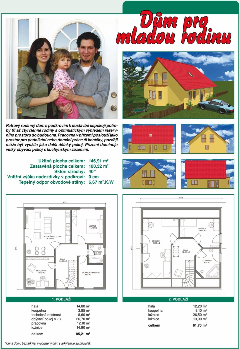 Užitná plocha celkem: 146,91 m 2 Zastavěná plocha celkem: 100,32 m 2 Sklon střechy: 40 Vnitřní výška nadezdívky v podkroví: 0 cm 1. PODLAŽÍ 2.