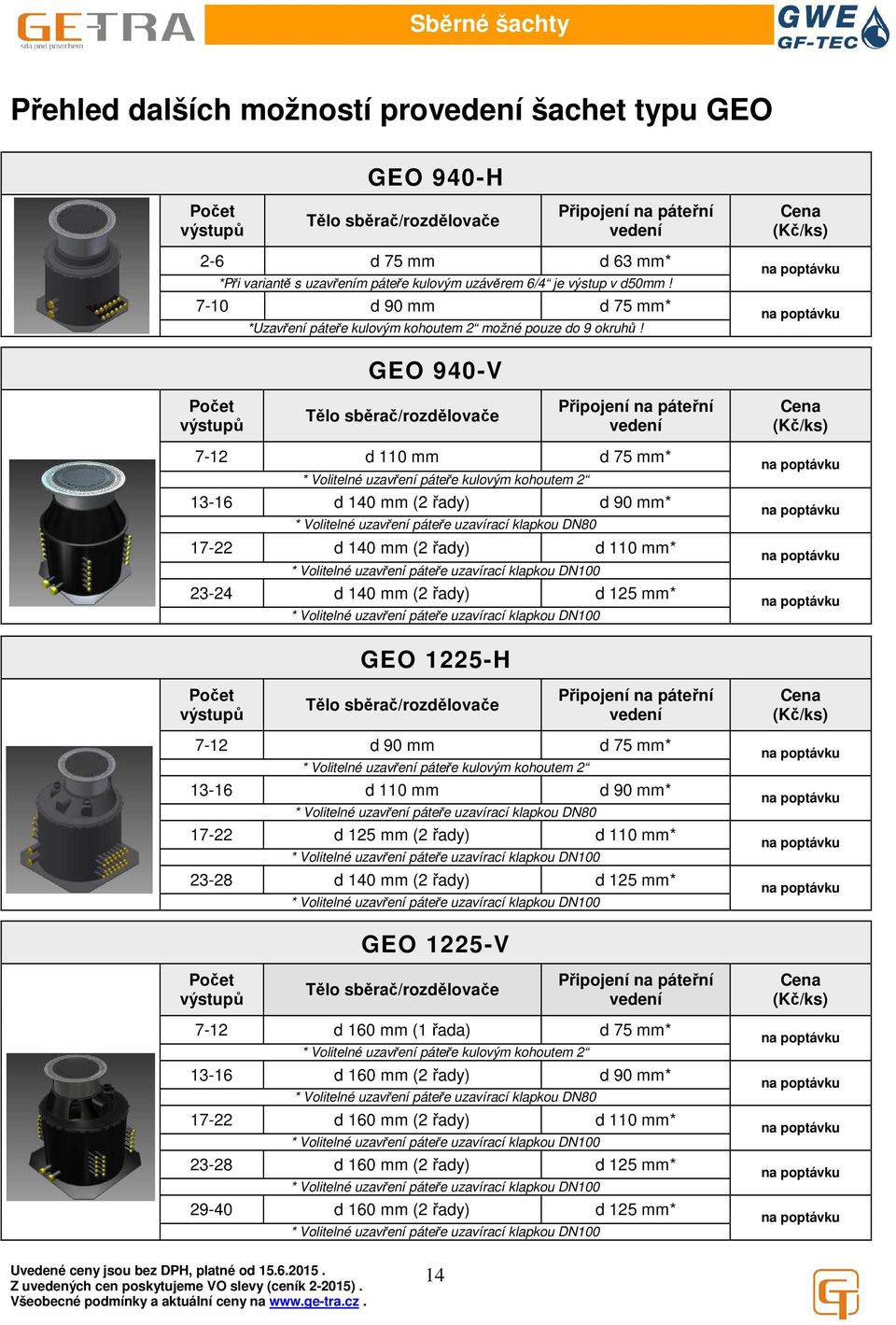 GEO 940-V Počet výstupů Tělo sběrač/rozdělovače Připojení na páteřní vedení 7-12 d 110 mm d 75 mm* * Volitelné uzavření páteře kulovým kohoutem 2 13-16 d 140 mm (2 řady) d 90 mm* * Volitelné uzavření