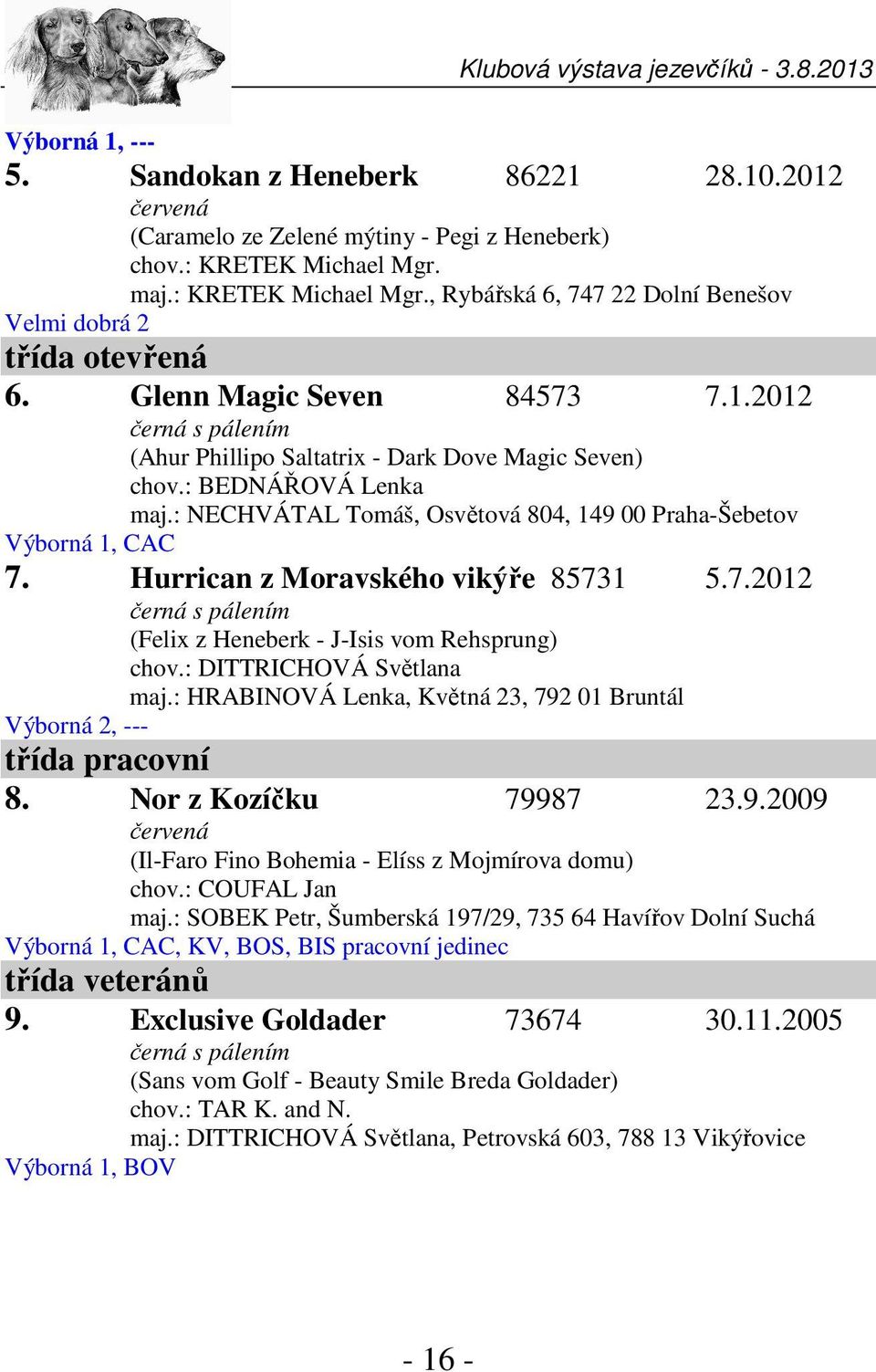 : BEDNÁŘOVÁ Lenka maj.: NECHVÁTAL Tomáš, Osvětová 804, 149 00 Praha-Šebetov Výborná 1, CAC 7. Hurrican z Moravského vikýře 85731 5.7.2012 černá s pálením (Felix z Heneberk - J-Isis vom Rehsprung) chov.