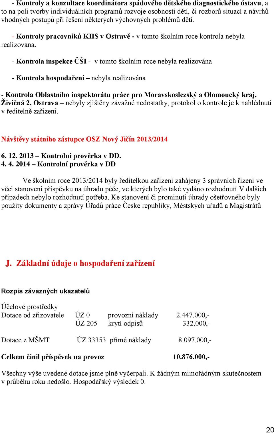 - Kontrola inspekce ČŠI - v tomto školním roce nebyla realizována - Kontrola hospodaření nebyla realizována - Kontrola Oblastního inspektorátu práce pro Moravskoslezský a Olomoucký kraj, Živičná 2,