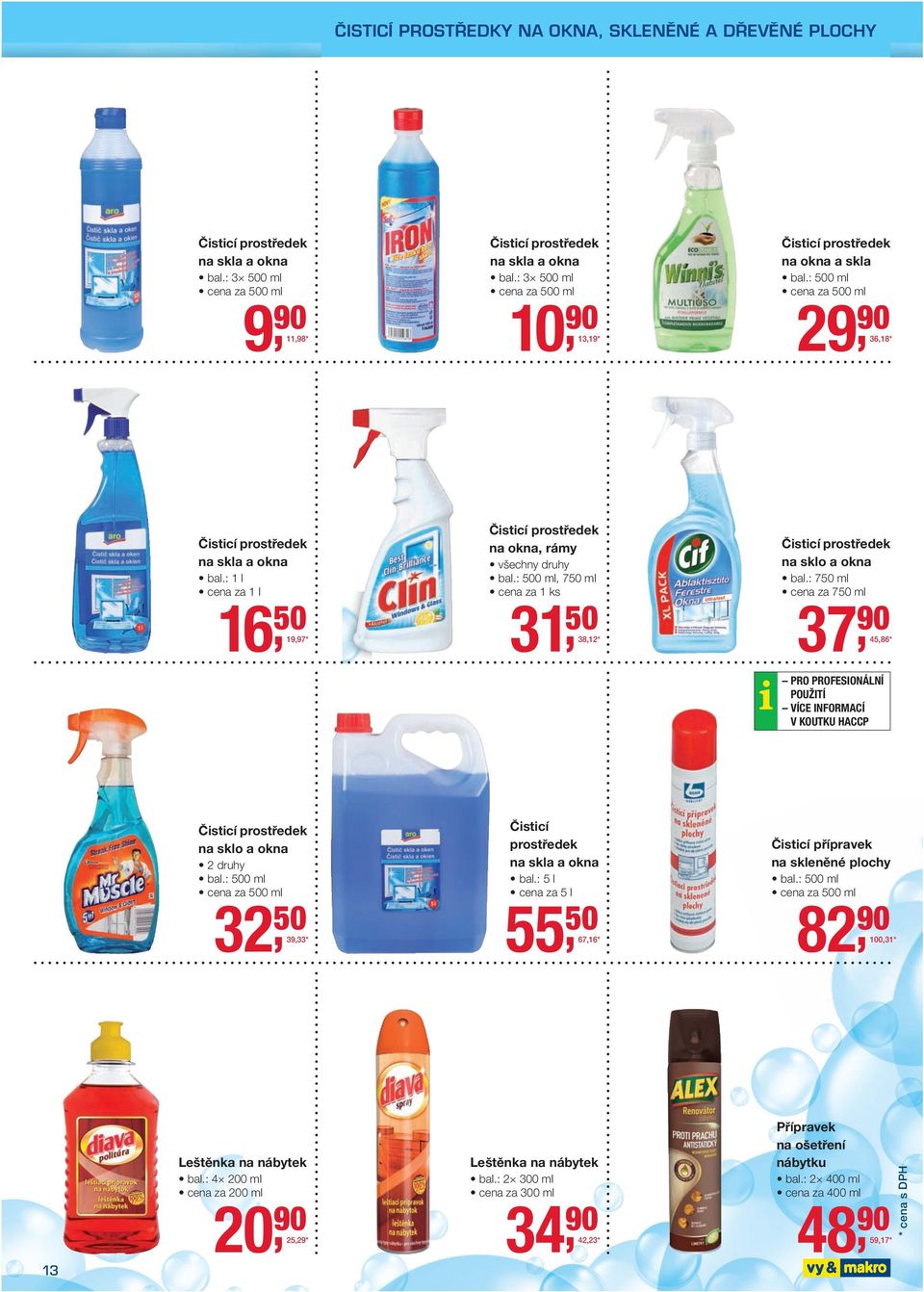 : 750 ml cena za 750 ml 50 *37 3812 4586 * na sklo a okna 2 druhy bal.: 500 ml cena za 500 ml 32 50 3933 * Čisticí prostředek na skla a okna bal.