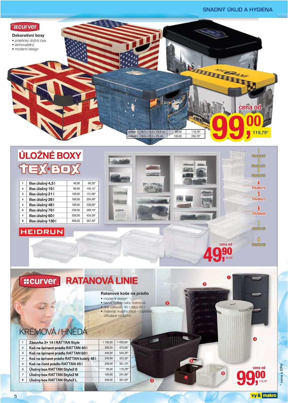 43439* 8 Box úložný 150 l 46900 56749* 49 6038* RATANOVÁ LINIE 1 3 Ratanové koše na prádlo moderní design barva hnědá nebo krémová dvě velikosti: 45 l nebo 60 l materiál: kvalitní plast zajištění
