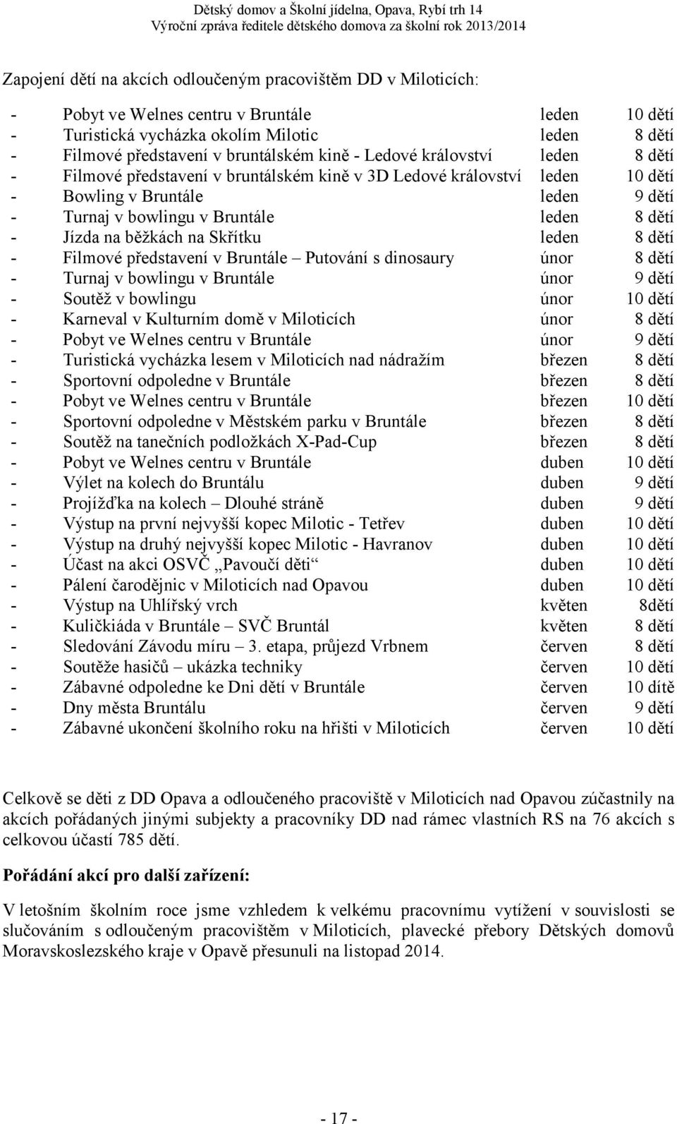 Jízda na běžkách na Skřítku leden 8 dětí - Filmové představení v Bruntále Putování s dinosaury únor 8 dětí - Turnaj v bowlingu v Bruntále únor 9 dětí - Soutěž v bowlingu únor 10 dětí - Karneval v