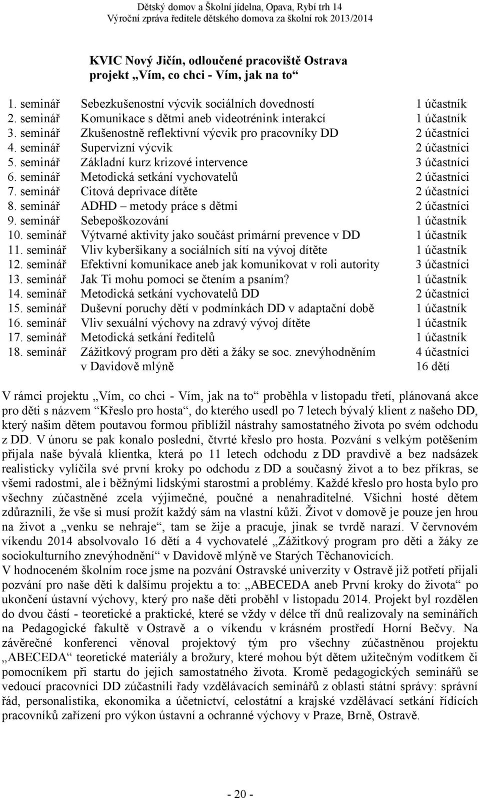 seminář Základní kurz krizové intervence 3 účastníci 6. seminář Metodická setkání vychovatelů 2 účastníci 7. seminář Citová deprivace dítěte 2 účastníci 8.