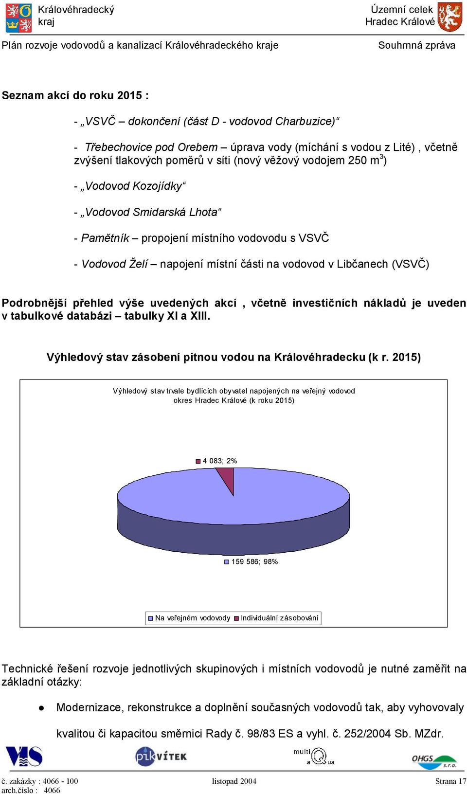 uvedených akcí, včetně investičních nákladů je uveden v tabulkové databázi tabulky XI a XIII. Výhledový stav zásobení pitnou vodou na Královéhradecku (k r.