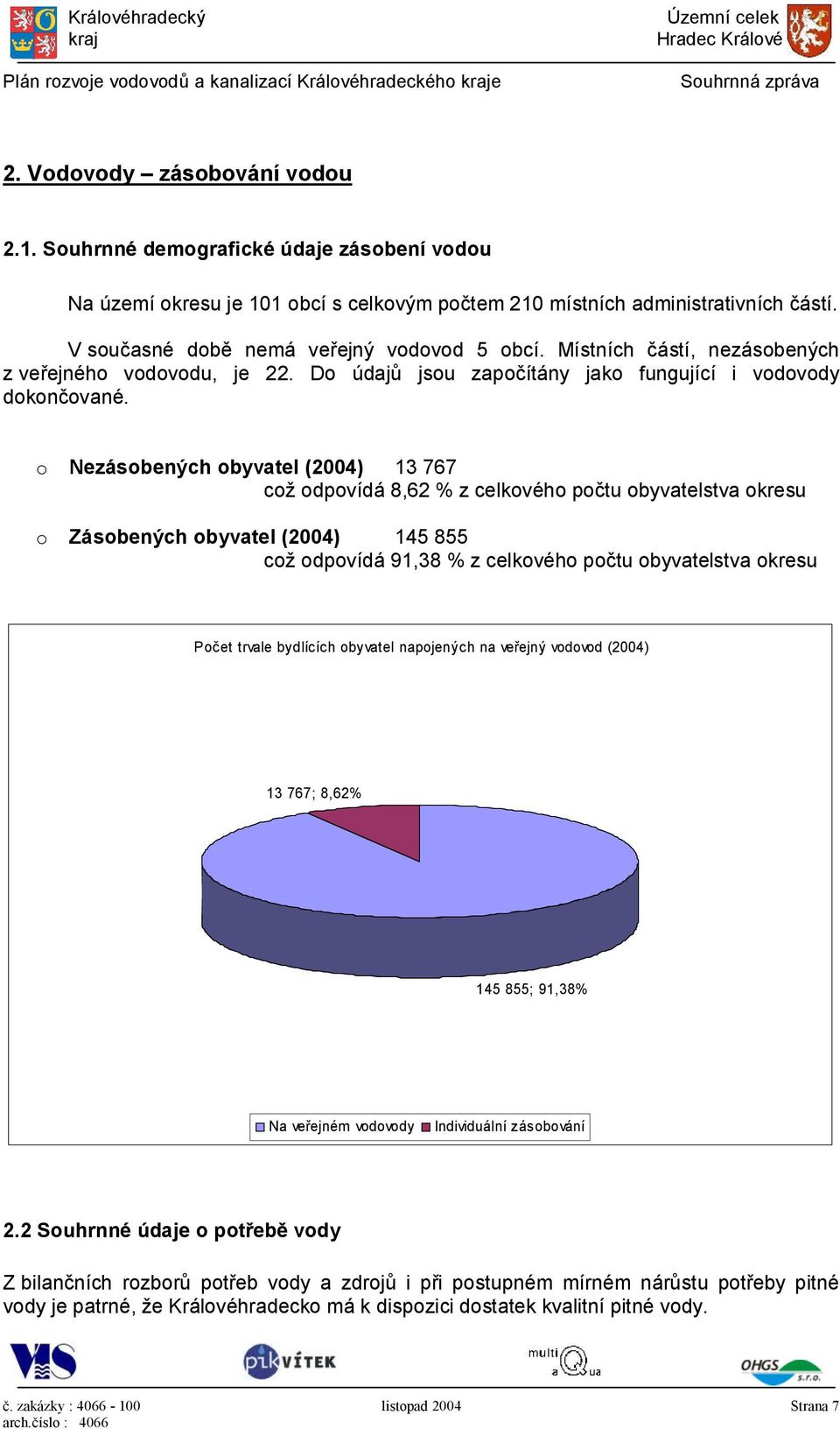 o Nezásobených obyvatel (2004) 13 767 což odpovídá 8,62 % z celkového počtu obyvatelstva okresu o Zásobených obyvatel (2004) 145 855 což odpovídá 91,38 % z celkového počtu obyvatelstva okresu Počet