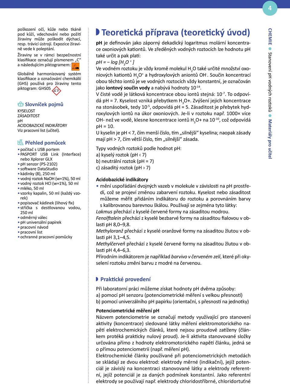 piktogram: GHS05 Slovníček pojmů KYSELOST ZÁSADITOST ph ACIDOBAZICKÉ INDIKÁTORY Viz pracovní list (učitel).