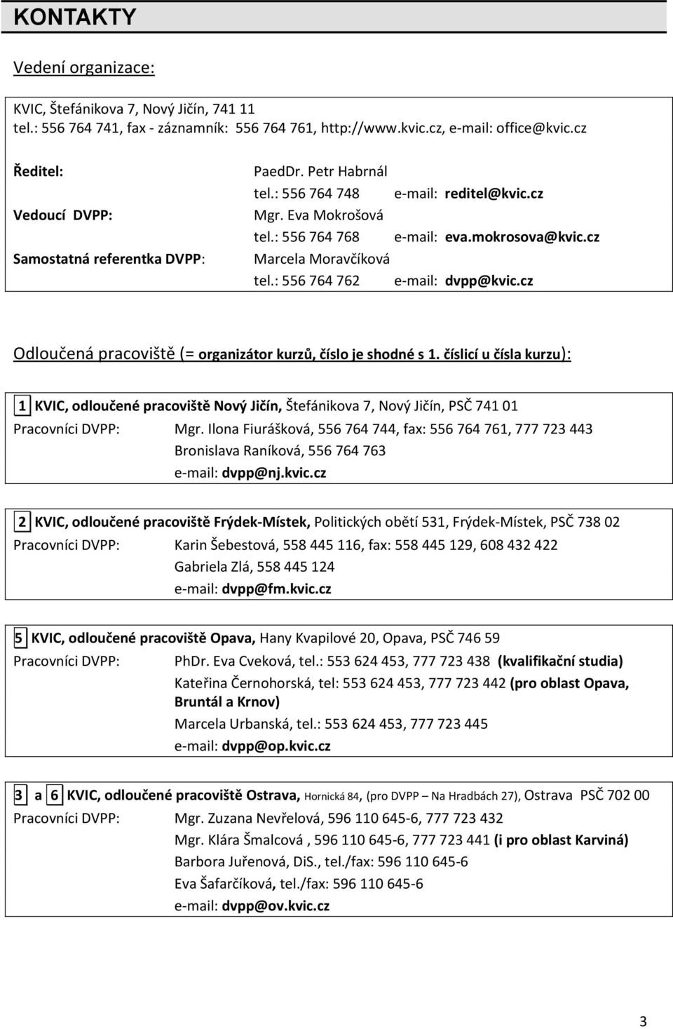 cz e-mail: eva.mokrosova@kvic.cz e-mail: dvpp@kvic.cz Odloučená pracoviště (= organizátor kurzů, číslo je shodné s 1.