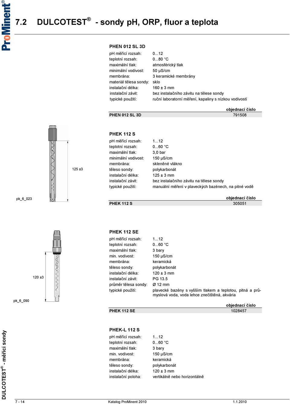 na tělese sondy typické použití: ruční laboratorní měření, kapaliny s nízkou vodivostí PHEN 012 SL 3D 791508 125 ±3 PHEK 112 S ph měřící rozsah: 1...12 teplotní rozsah: 0.