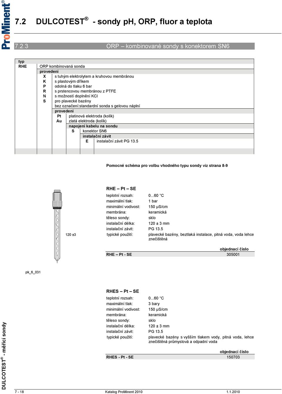 elektroda (kolík) napojení kabelu na sondu S konektor SN6 instalační závit E instalační závit PG 13.5 Pomocné schéma pro volbu vhodného typu sondy viz strana 8-9 120 ±3 RHE Pt SE teplotní rozsah: 0.