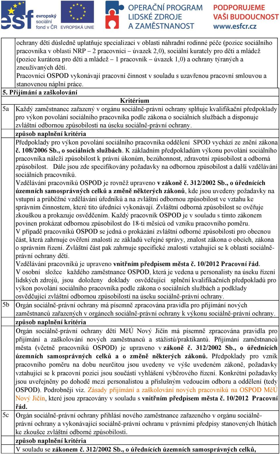 Přijímání a zaškolování 5a Kaţdý zaměstnanec zařazený v orgánu sociálně-právní ochrany splňuje kvalifikační předpoklady pro výkon povolání sociálního pracovníka podle zákona o sociálních sluţbách a