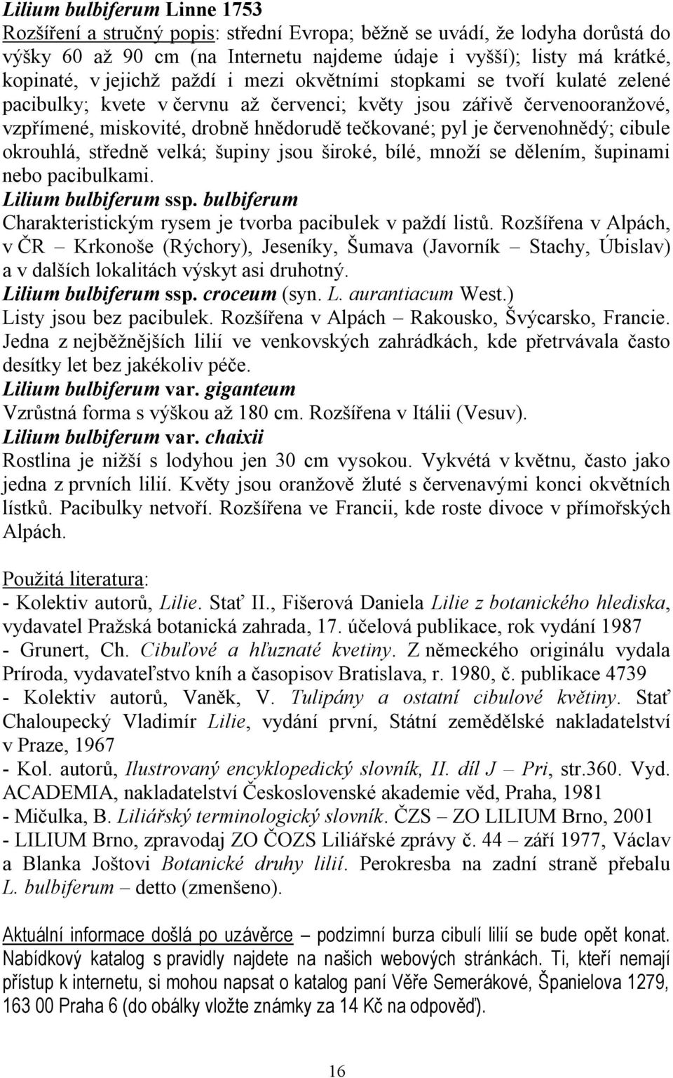 červenohnědý; cibule okrouhlá, středně velká; šupiny jsou široké, bílé, mnoţí se dělením, šupinami nebo pacibulkami. Lilium bulbiferum ssp.