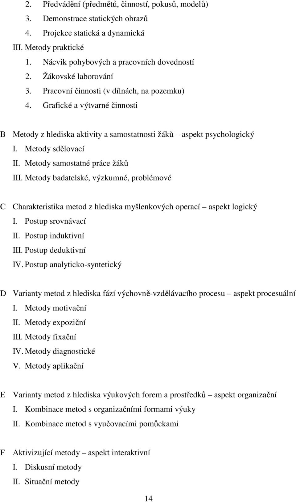 Metody samostatné práce žáků III. Metody badatelské, výzkumné, problémové C Charakteristika metod z hlediska myšlenkových operací aspekt logický I. Postup srovnávací II. Postup induktivní III.