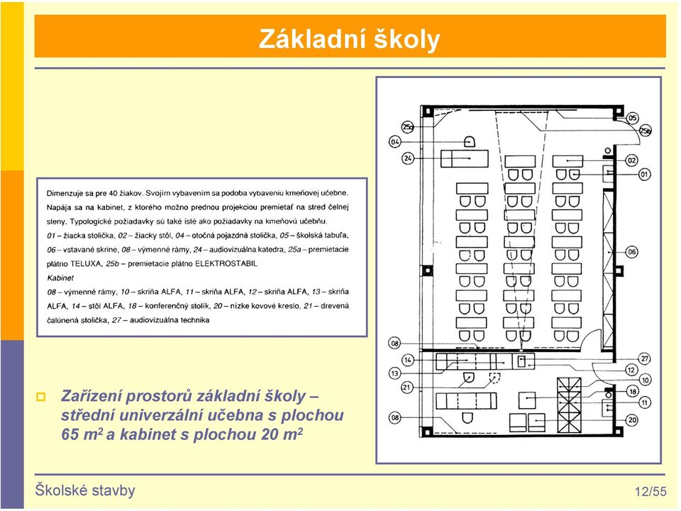 učebna s plochou 65 m 2 a kabinet