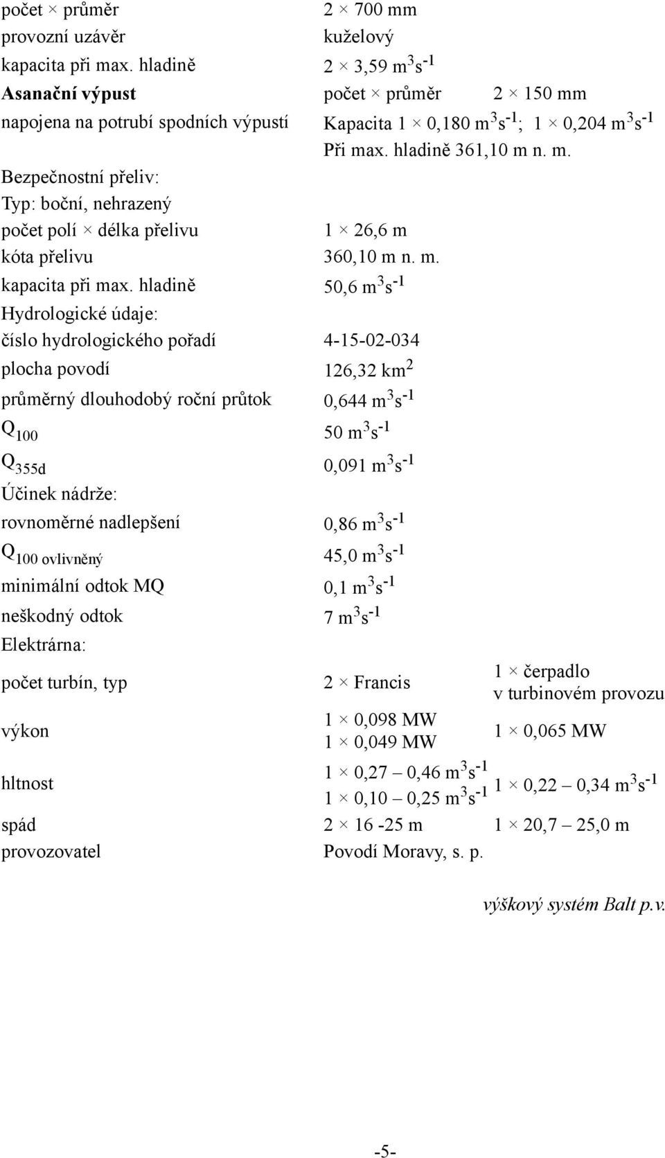 hladině Hydrologické údaje: číslo hydrologického pořadí plocha povodí 2 700 mm kuželový 2 3,59 m3s-1 počet průměr 2 150 mm m3s-1; Kapacita 1 0,180 1 0,204 m3s-1 Při max. hladině 361,10 m n. m. 1 26,6 m 360,10 m n.