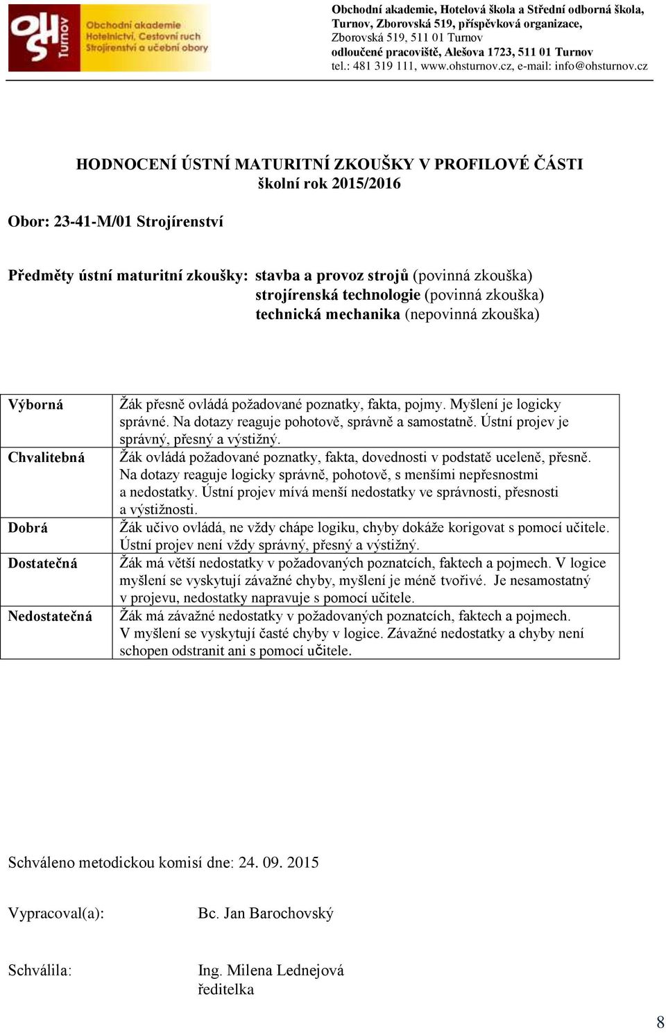 Na dotazy reaguje pohotově, správně a samostatně. Ústní projev je správný, přesný a výstižný. Žák ovládá požadované poznatky, fakta, dovednosti v podstatě uceleně, přesně.