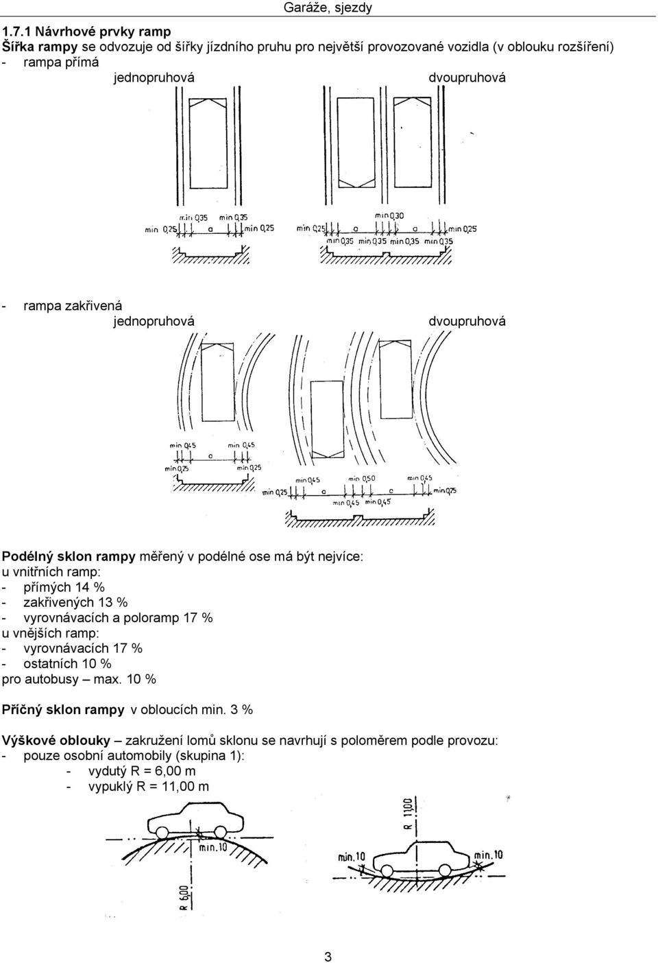 dvoupruhová - rampa zakřivená jednopruhová dvoupruhová Podélný sklon rampy měřený v podélné ose má být nejvíce: u vnitřních ramp: - přímých 14 % - zakřivených