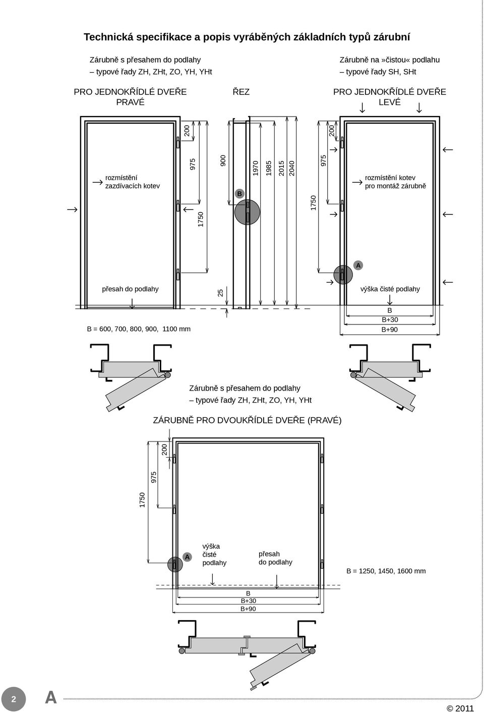 pro montáž zárubně 1750 200 1750 975 A přesah do podlahy 25 výška čisté podlahy B = 600, 700, 00, 900, 1100 mm B B+ B+90 Zárubně s přesahem do podlahy
