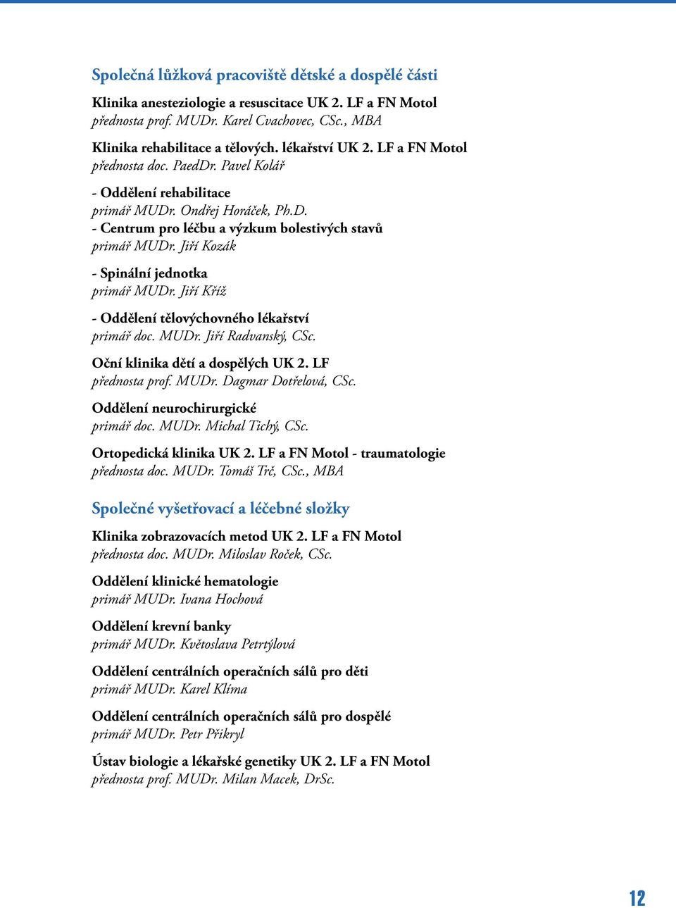 Jiří Kozák - Spinální jednotka primář MUDr. Jiří Kříž - Oddělení tělovýchovného lékařství primář doc. MUDr. Jiří Radvanský, CSc. Oční klinika dětí a dospělých UK 2. LF přednosta prof. MUDr. Dagmar Dotřelová, CSc.