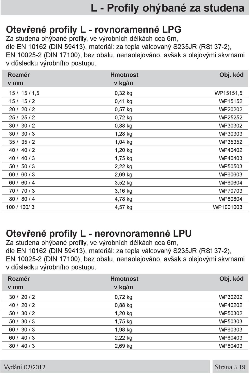 v mm v kg/m 15 / 15 / 1,5 0,32 kg WP15151,5 15 / 15 / 2 0,41 kg WP15152 20 / 20 / 2 0,57 kg WP20202 25 / 25 / 2 0,72 kg WP25252 30 / 30 / 2 0,88 kg WP30302 30 / 30 / 3 1,28 kg WP30303 35 / 35 / 2