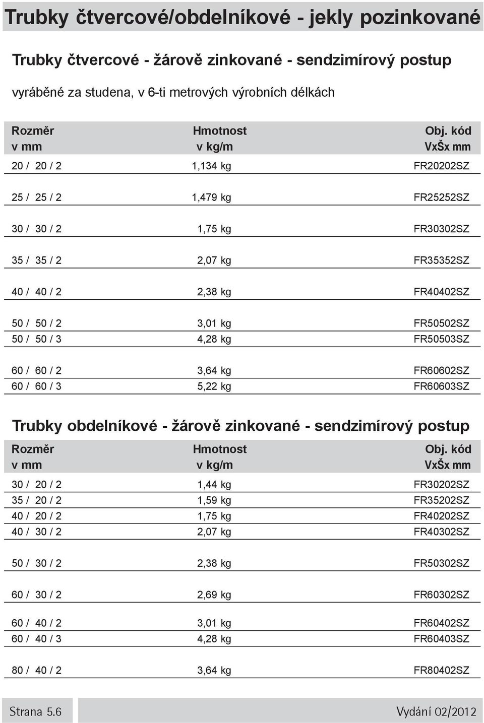 60 / 60 / 2 3,64 kg FR60602SZ 60 / 60 / 3 5,22 kg FR60603SZ Trubky obdelníkové - žárově zinkované - sendzimírový postup v mm v kg/m VxŠx mm 30 / 20 / 2 1,44 kg FR30202SZ 35 / 20 / 2 1,59 kg FR35202SZ