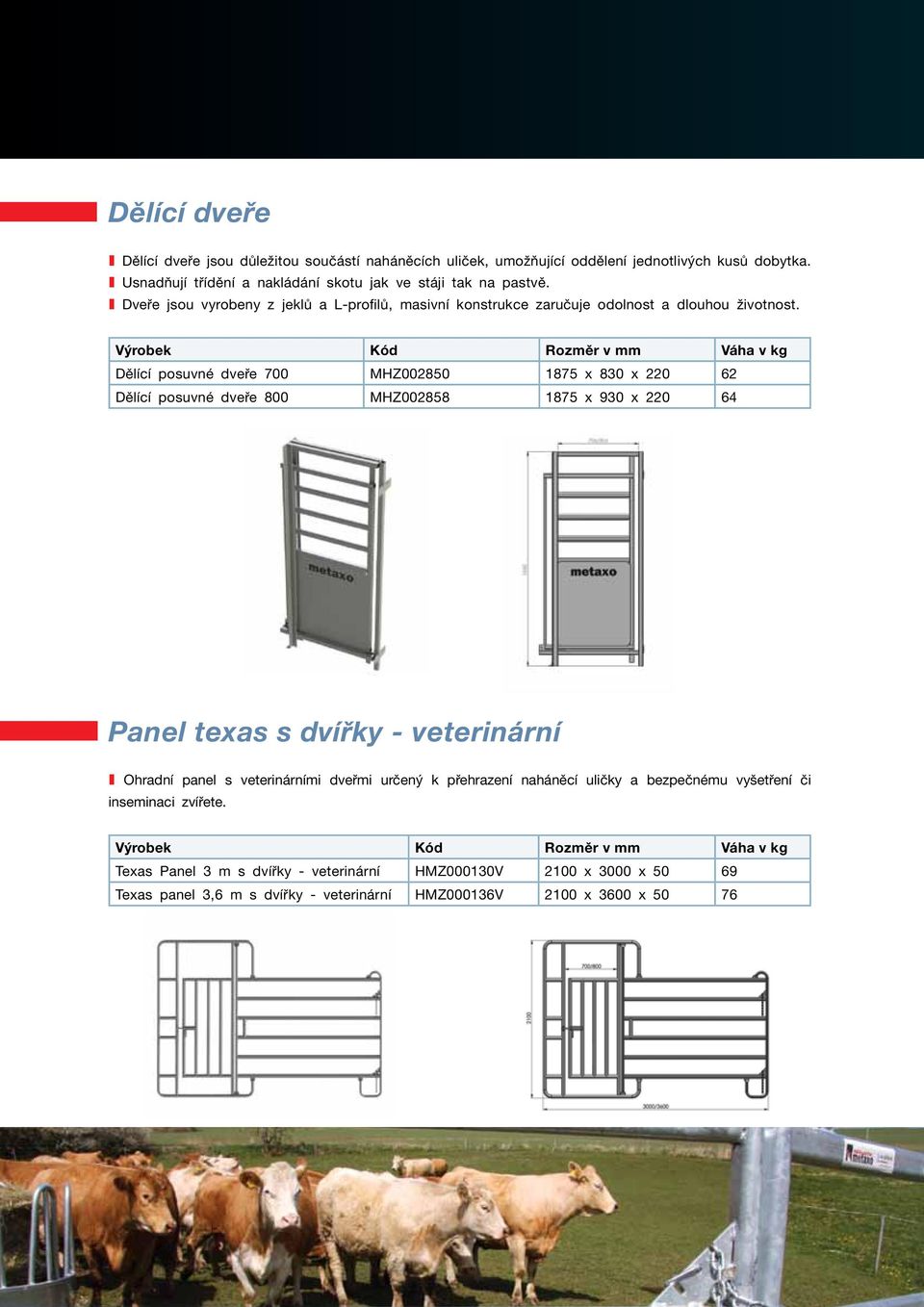 Dělící posuvné dveře 700 MHZ002850 1875 x 830 x 220 62 Dělící posuvné dveře 800 MHZ002858 1875 x 930 x 220 64 Panel texas s dvířky - veterinární I Ohradní panel s