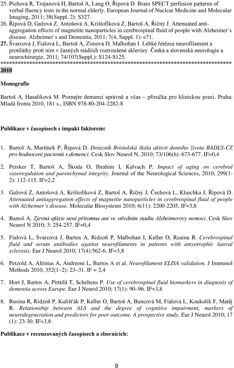 Attenuated antiaggregation effects of magnetite nanoparticles in cerebrospinal fluid of people with Alzheimer s disease. Alzheimer`s and Dementia, 2011; 7(4, Suppl. 1): e71. 27.