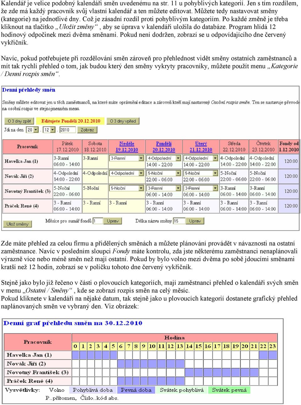 Po každé změně je třeba kliknout na tlačítko Uložit změny, aby se úprava v kalendáři uložila do databáze. Program hlídá 12 hodinový odpočinek mezi dvěma směnami.