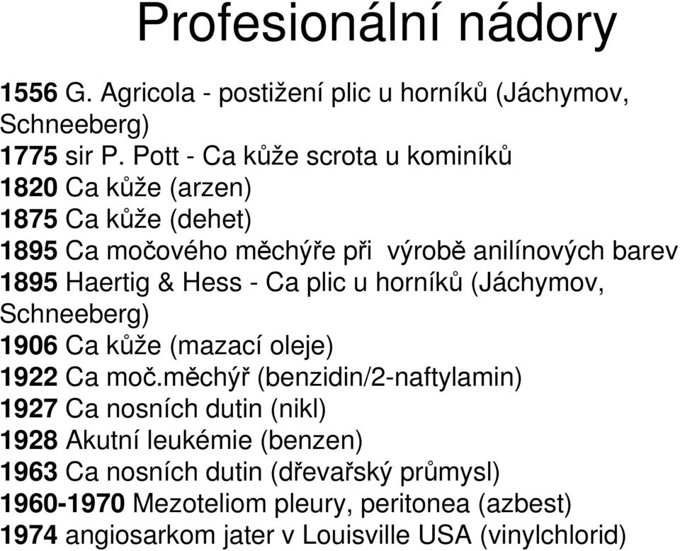 & Hess - Ca plic u horníků (Jáchymov, Schneeberg) 1906 Ca kůže (mazací oleje) 1922 Ca moč.