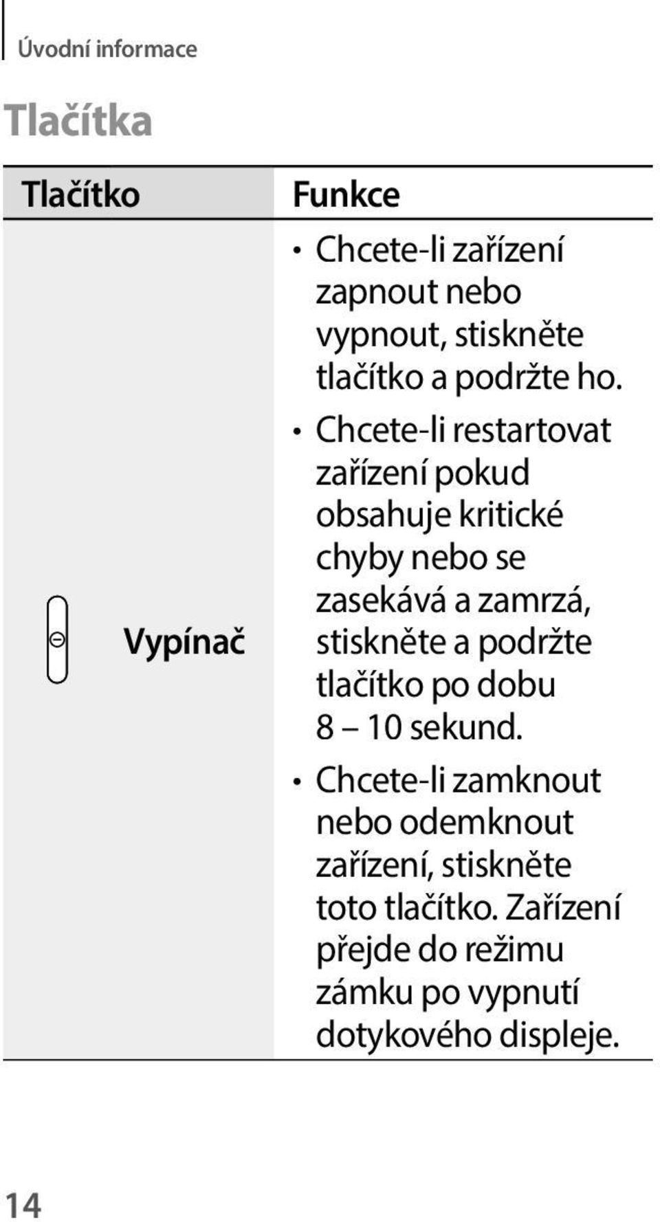 Chcete-li restartovat zařízení pokud obsahuje kritické chyby nebo se zasekává a zamrzá, stiskněte a