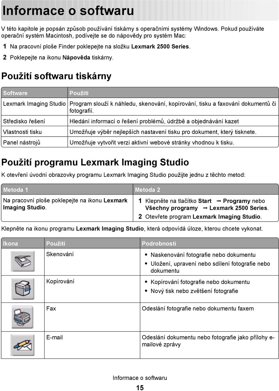 Použití softwaru tiskárny Software Použití Lexmark Imaging Studio Program slouží k náhledu, skenování, kopírování, tisku a faxování dokumentů či fotografií.