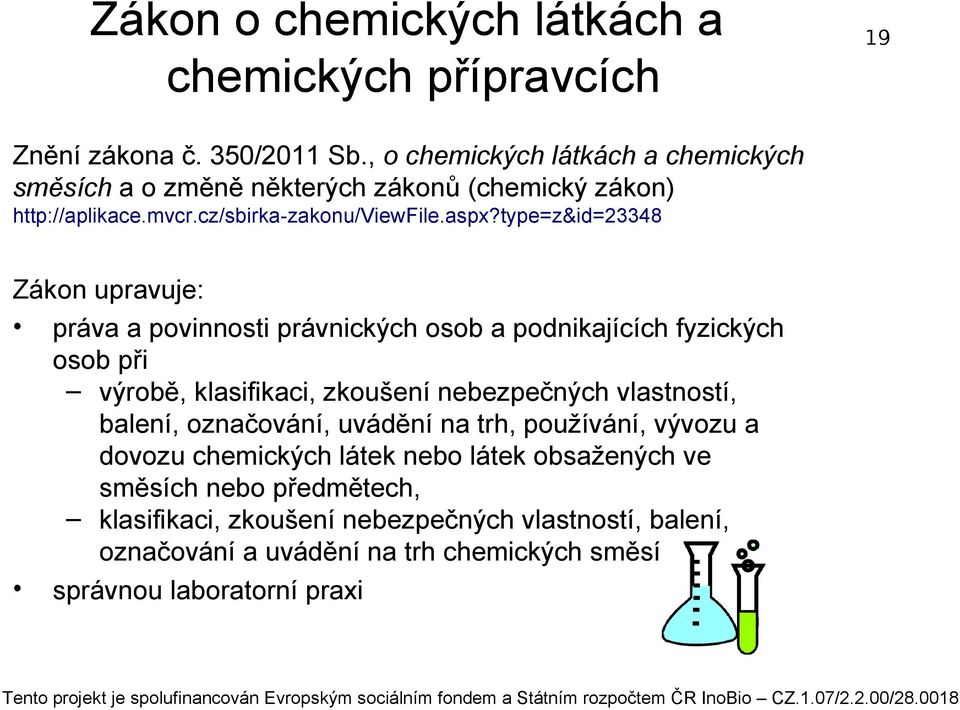 type=z&id=23348 Zákon upravuje: práva a povinnosti právnických osob a podnikajících fyzických osob při výrobě, klasifikaci, zkoušení nebezpečných vlastností,